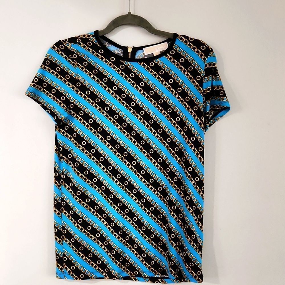 Michael Kors Size Xs Top Short Sleeve Blouse Zipper Back Chain Link Print